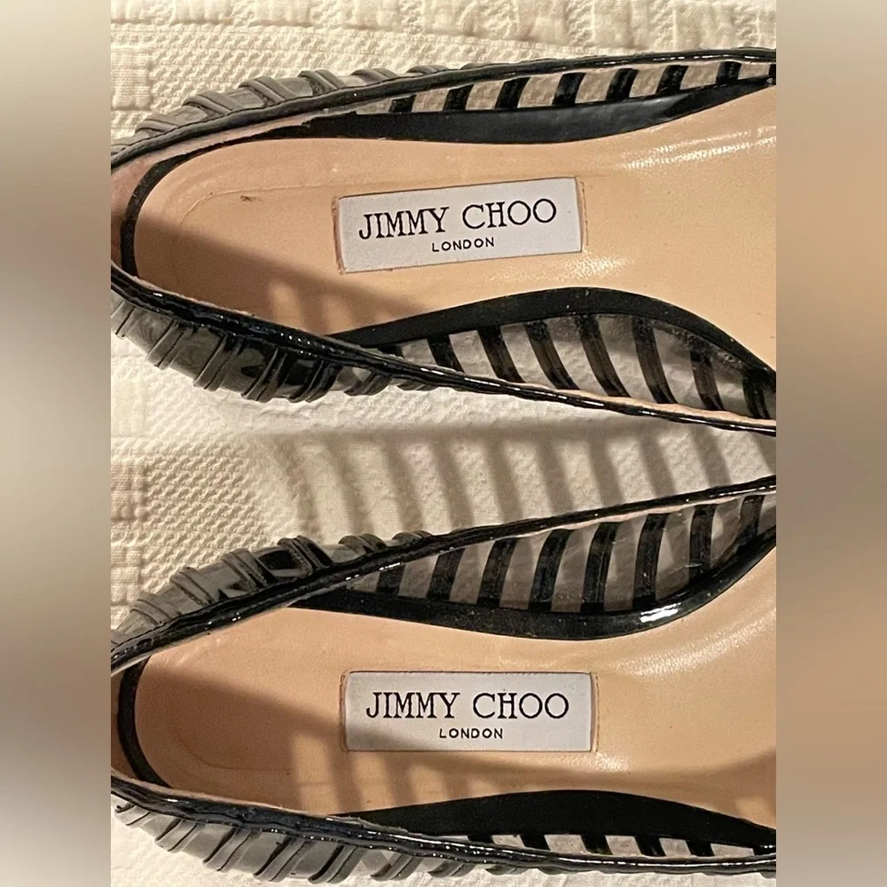 Jimmy Choo Black Patent Caged Pointed Toe Flats